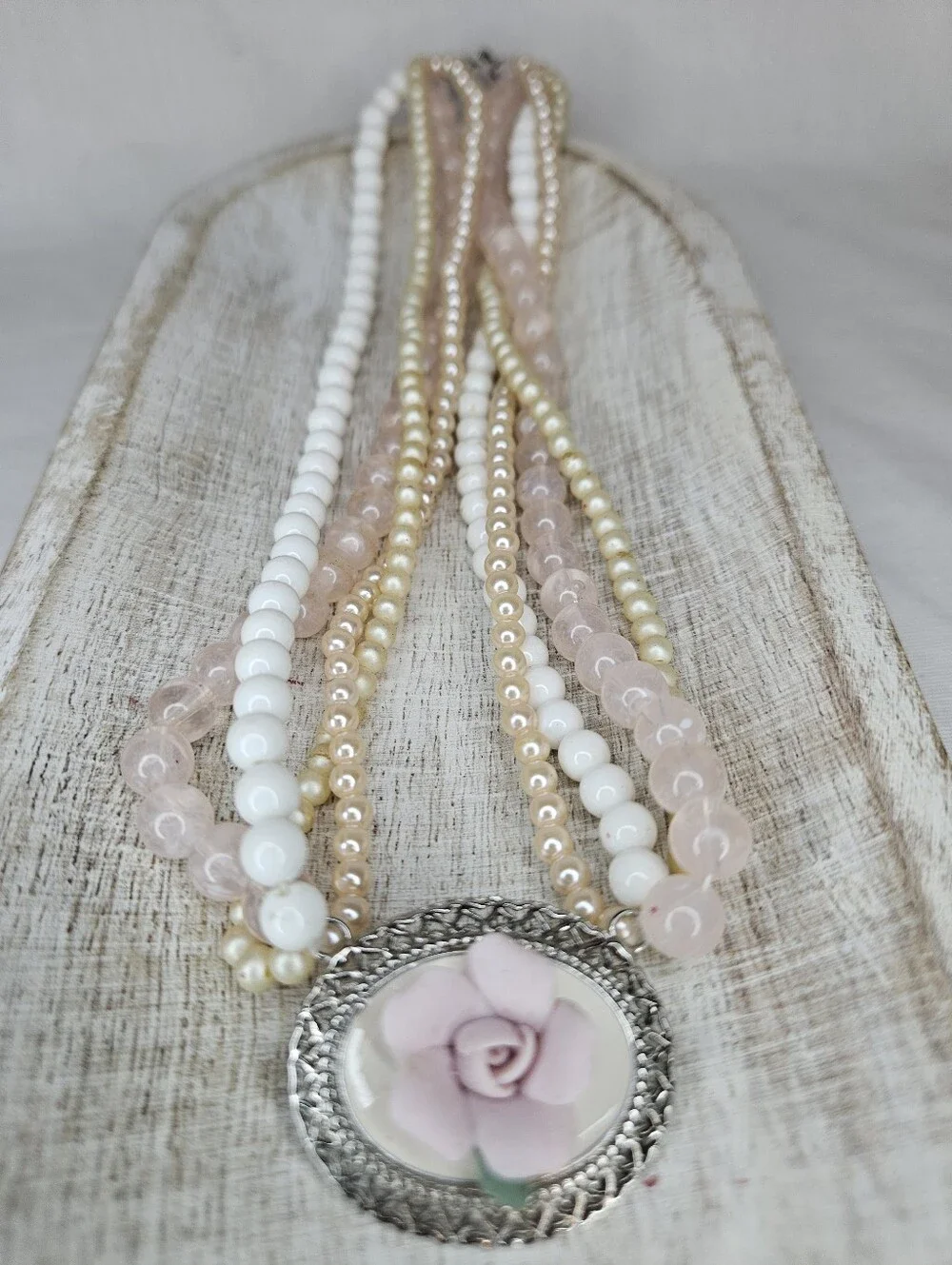 Vtg 1928 Jewelry Co Rose Quartz Pearl Multi Strand Choker Flower Necklace GUC